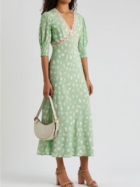 NWT - RIXO Mint Green Printed Lace-Trim Midi Dress (2XL)
